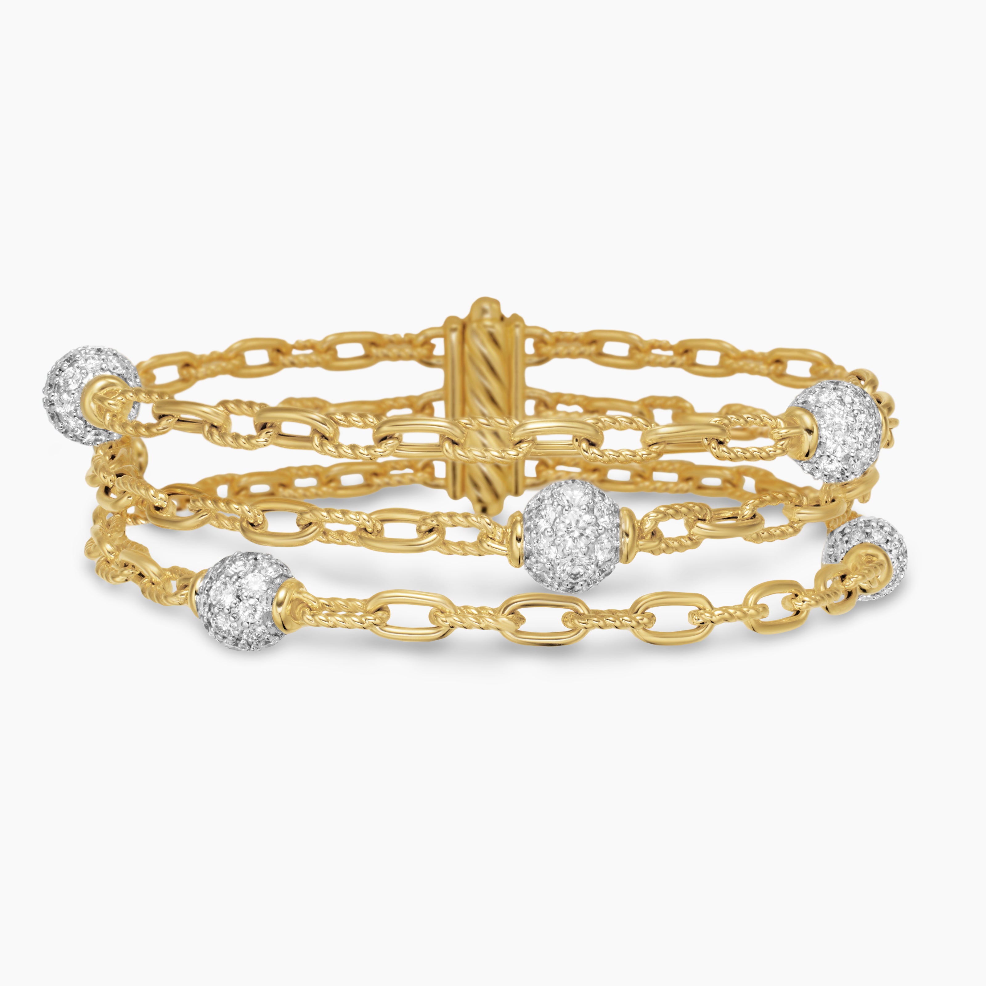 Womens DY Madison Pav&eacute; Bead Multi Row Chain Bracelet in 18K Yellow Gold, 15mm