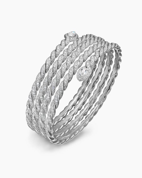 Womens Sculpted Cable Flex Five Row Coil Bracelet in 18K White Gold with Diamonds, 24mm