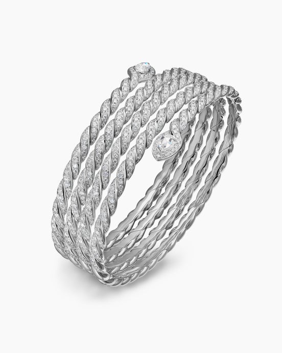 Sculpted Cable Flex Five Row Coil Bracelet in 18K White Gold with Diamonds, 24mm
