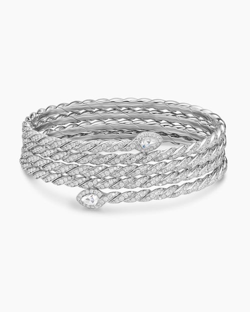 Womens Sculpted Cable Flex Five Row Coil Bracelet in 18K White Gold with Diamonds, 24mm