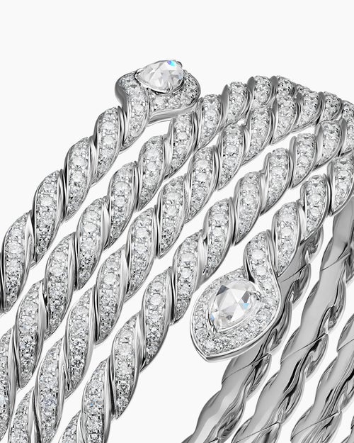 Womens Sculpted Cable Flex Five Row Coil Bracelet in 18K White Gold with Diamonds, 24mm