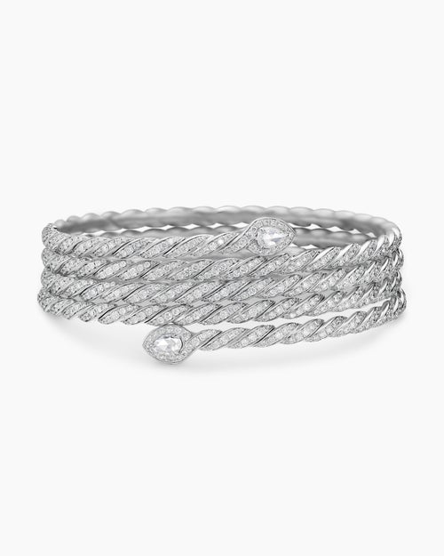Womens Sculpted Cable Flex Five Row Coil Bracelet in 18K White Gold with Diamonds, 24mm