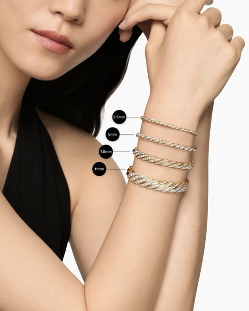 Womens Sculpted Cable Flex Bracelet in 18K Yellow Gold with Diamonds, 11mm