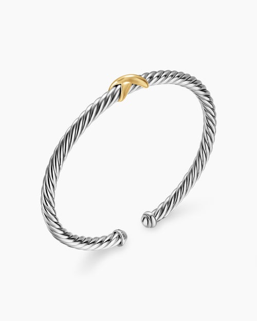 Womens Cable Flex X Station Bracelet in Sterling Silver with 14K Yellow Gold, 4mm
