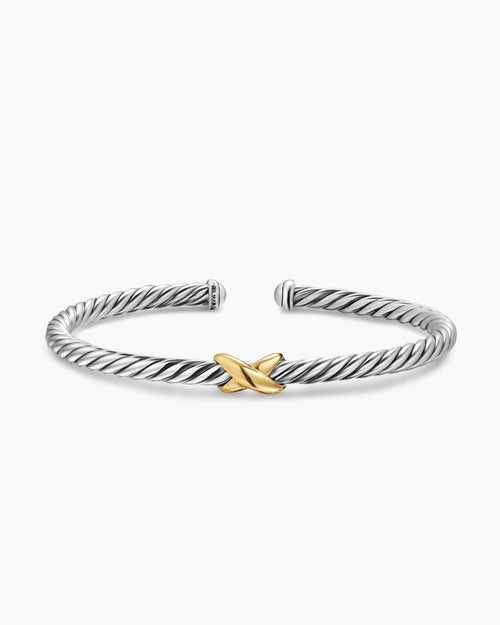 Womens Cable Flex X Station Bracelet in Sterling Silver with 14K Yellow Gold, 4mm