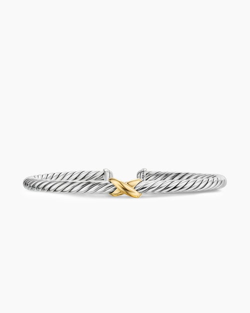 Womens Cable Flex X Station Bracelet in Sterling Silver with 14K Yellow Gold, 4mm