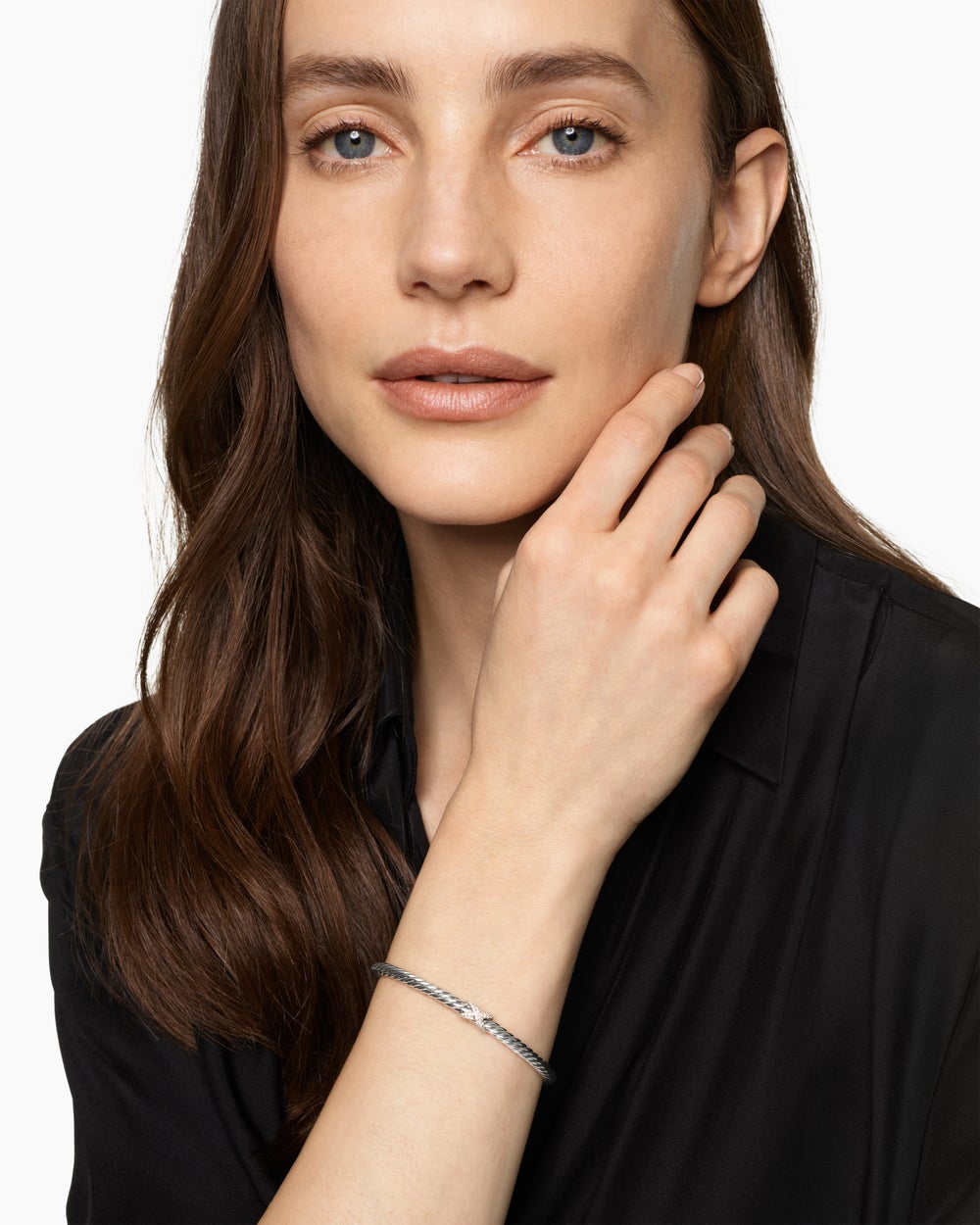 Womens Cable Flex X Station Bracelet in Sterling Silver with Diamonds, 4mm