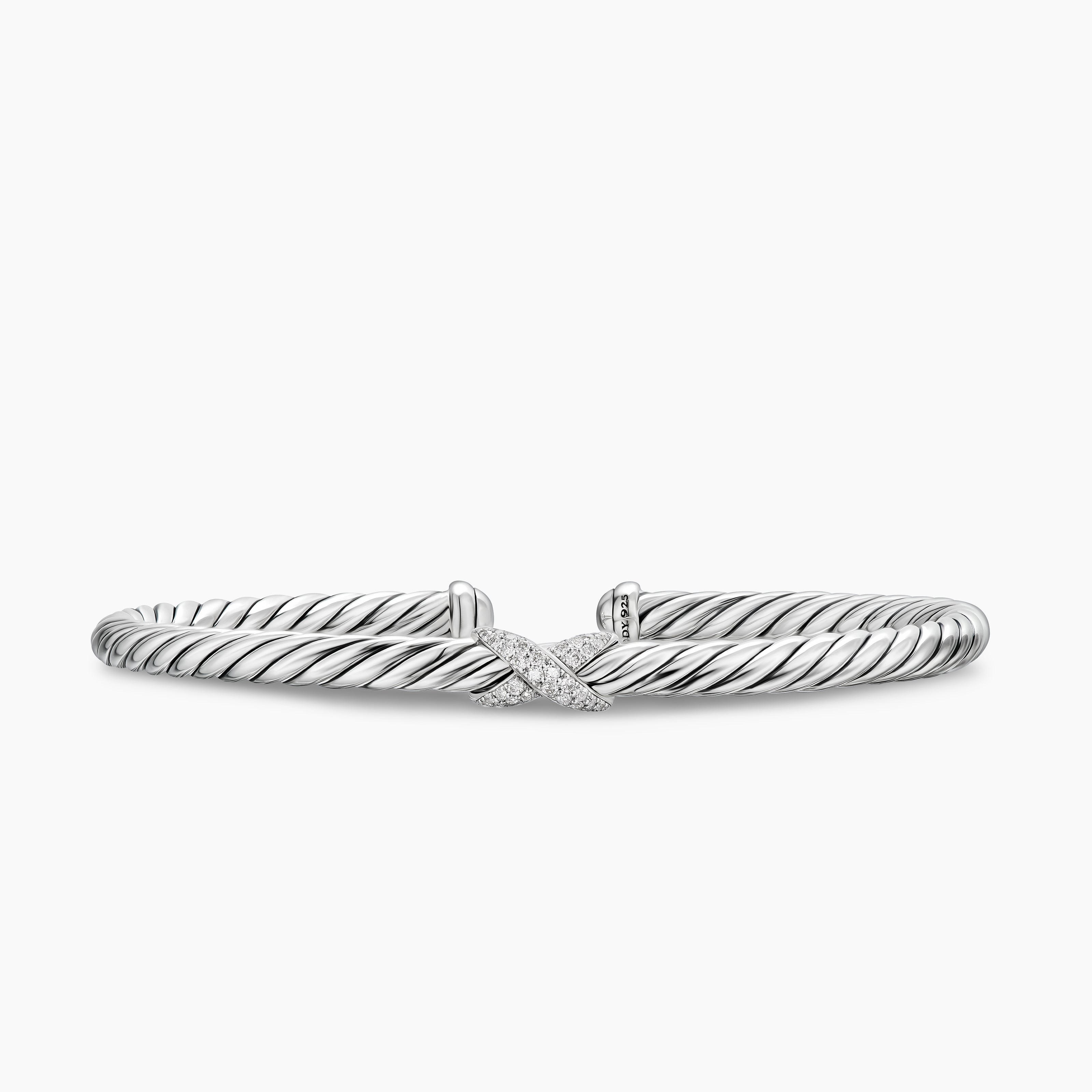 Womens Cable Flex X Station Bracelet in Sterling Silver with Diamonds, 4mm