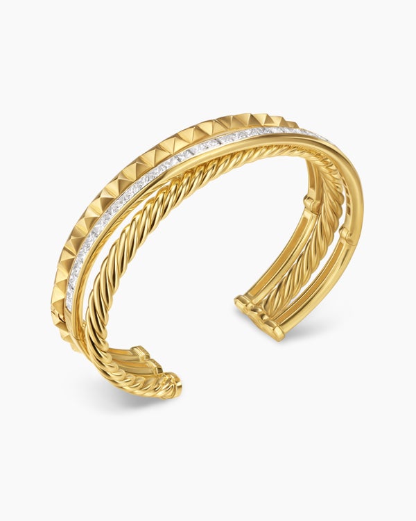 Crossover Trio Three Row Cuff Bracelet in 18K Yellow Gold with Diamonds, 20mm