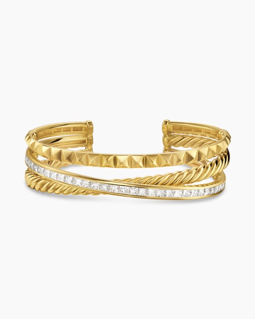 Womens Crossover Trio Three Row Cuff Bracelet in 18ct Yellow Gold with Diamonds, 20mm