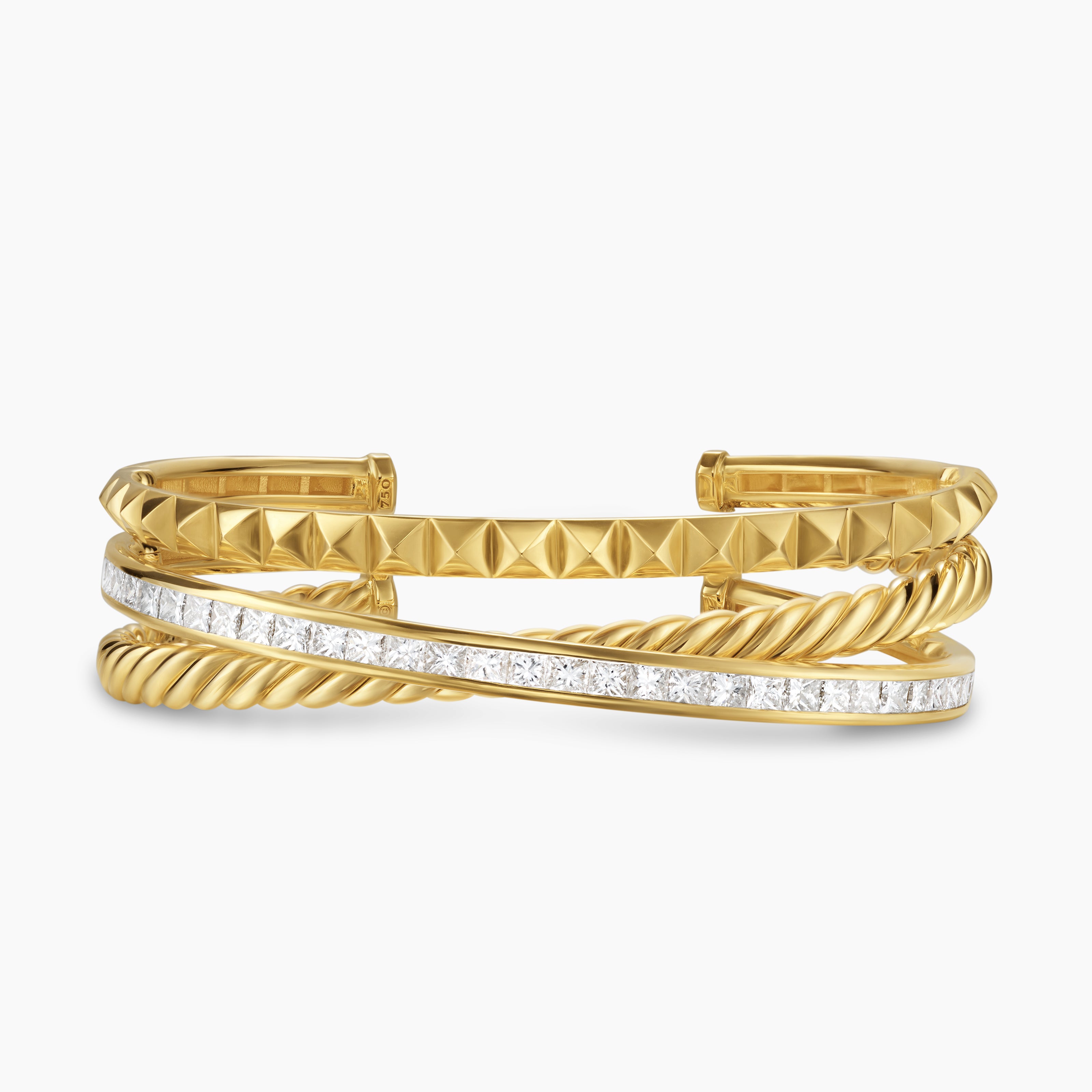 Womens Crossover Trio Three Row Cuff Bracelet in 18K Yellow Gold with Diamonds, 20mm