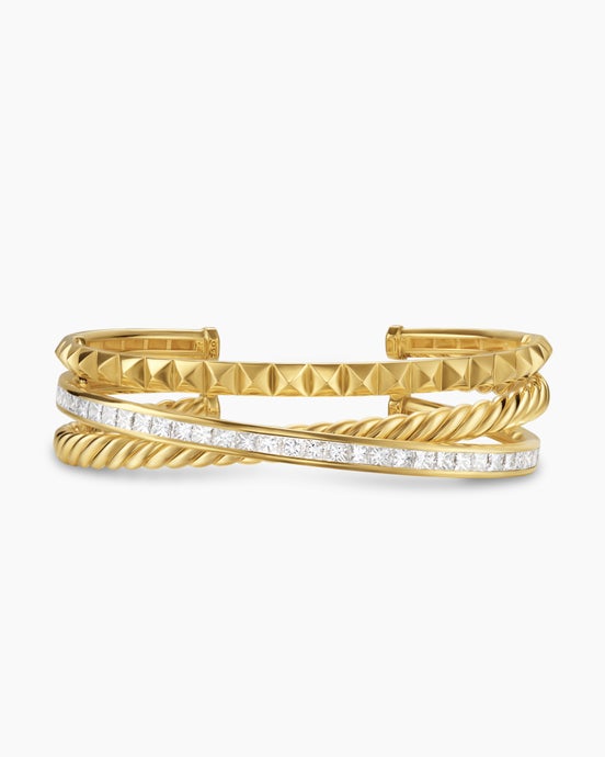 Bracelet manchette Crossover Trio à trois rangs en or jaune 18 carats et diamants, 20 mm