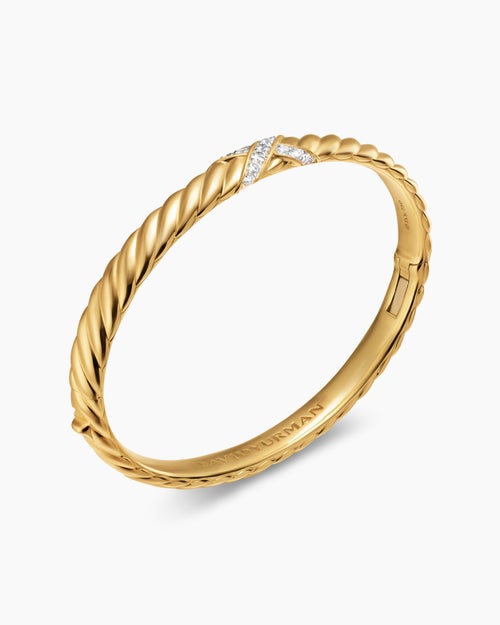 Womens Sculpted Cable X Centre Station Cuff Bracelet in 18K Yellow Gold with Diamonds, 6.2mm