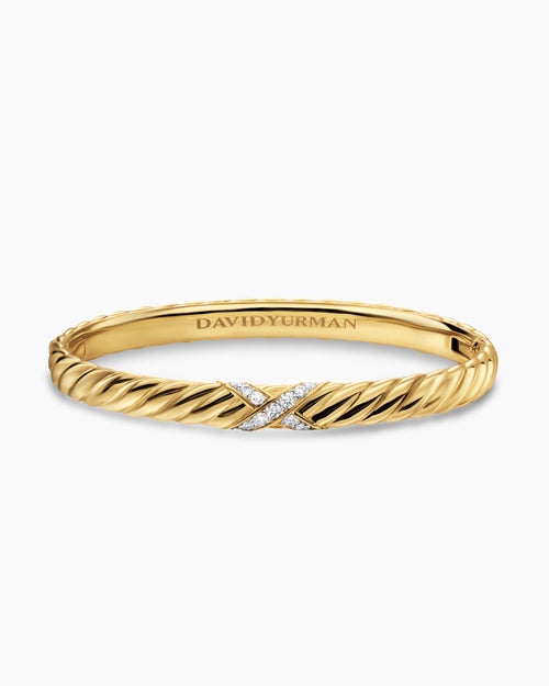 Womens Sculpted Cable X Centre Station Cuff Bracelet in 18K Yellow Gold with Diamonds, 6.2mm