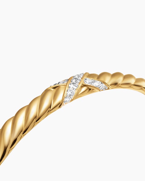 Womens Sculpted Cable X Centre Station Cuff Bracelet in 18K Yellow Gold with Diamonds, 6.2mm