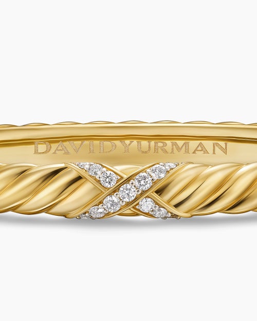 Womens Sculpted Cable X Centre Station Cuff Bracelet in 18K Yellow Gold with Diamonds, 6.2mm