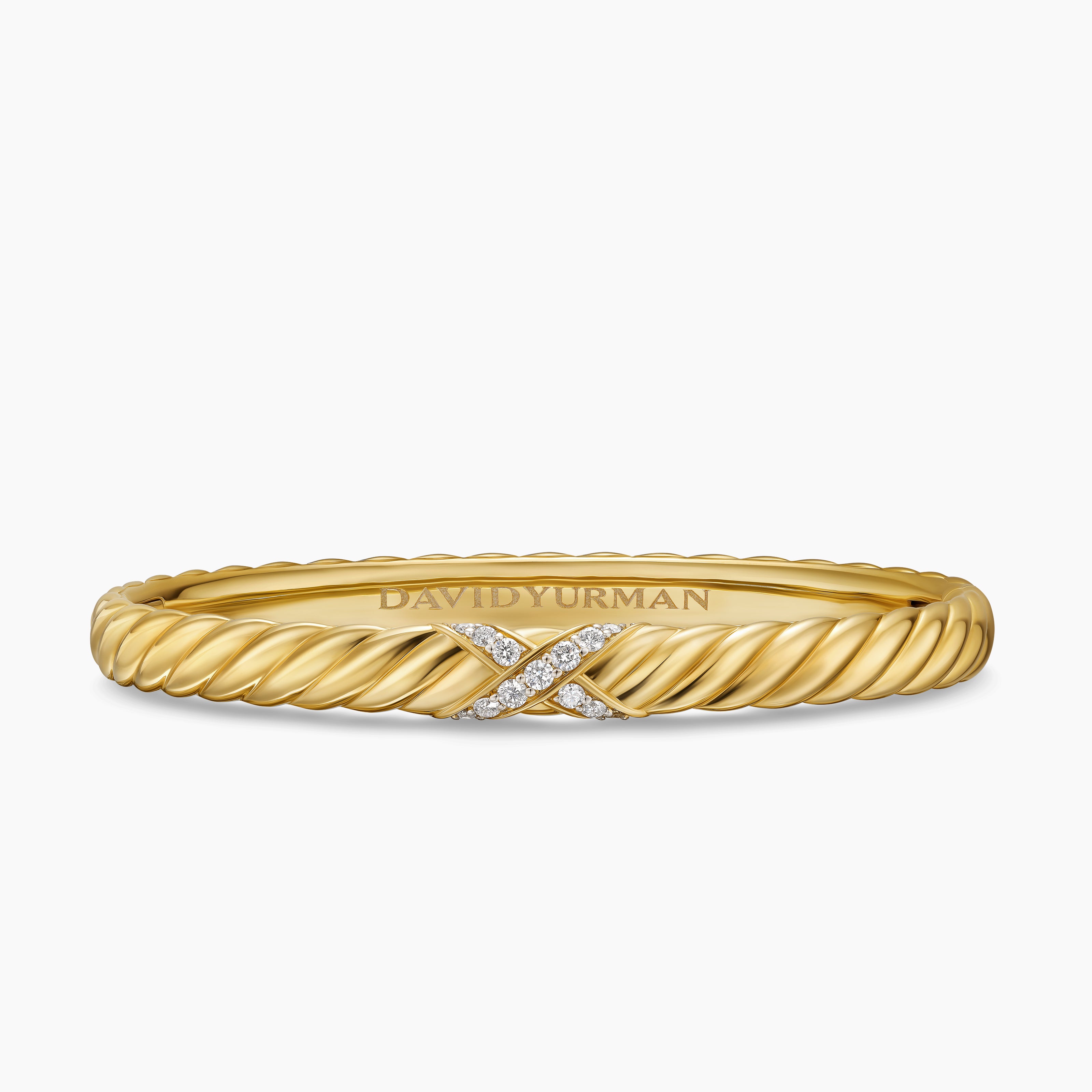 Womens Sculpted Cable X Center Station Cuff Bracelet in 18K Yellow Gold with Diamonds, 6.2mm