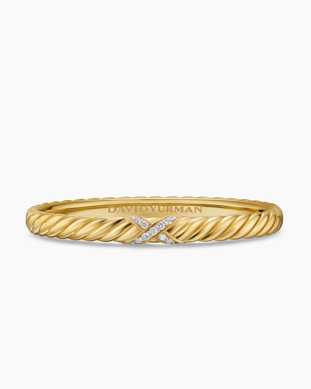 Womens Sculpted Cable X Center Station Cuff Bracelet in 18K Yellow Gold with Diamonds, 6.2mm