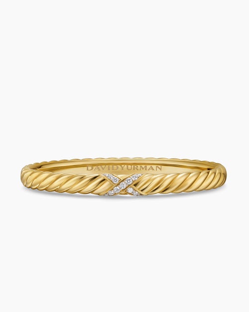 Womens Sculpted Cable X Center Station Cuff Bracelet in 18K Yellow Gold with Diamonds, 6.2mm