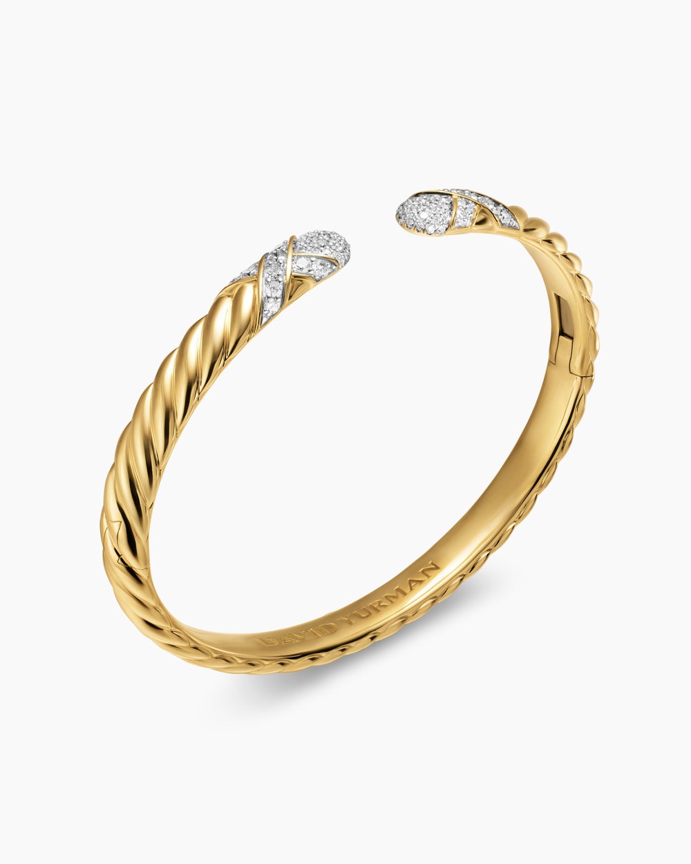 Womens Sculpted Cable X Cuff Bracelet in 18K Yellow Gold with Diamonds, 6.2mm