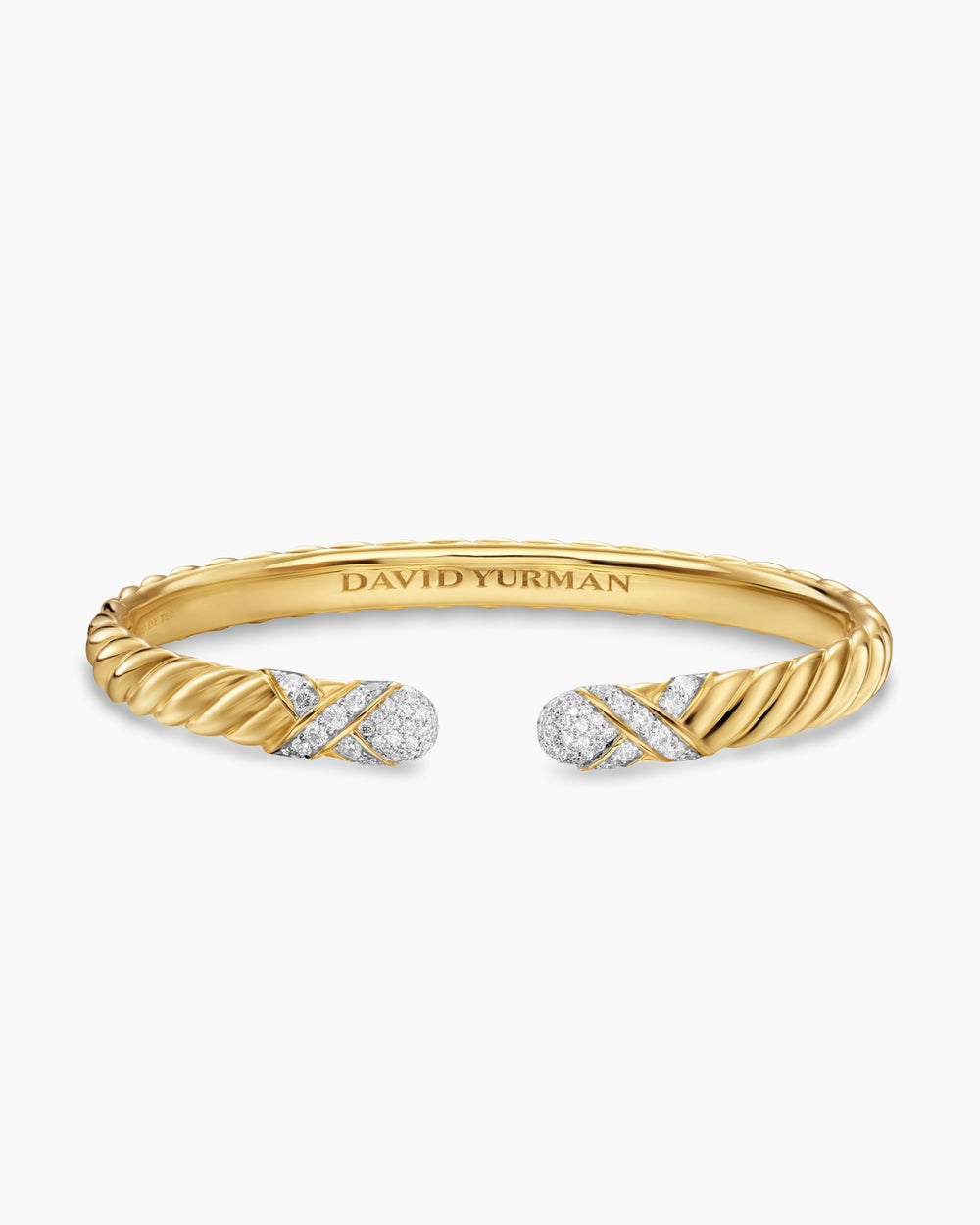 Womens Sculpted Cable X Cuff Bracelet in 18K Yellow Gold with Diamonds, 6.2mm