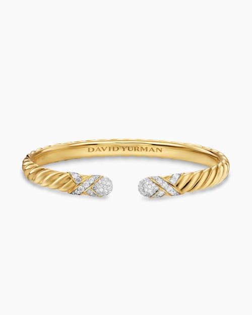 Womens Sculpted Cable X Cuff Bracelet in 18K Yellow Gold with Diamonds, 6.2mm
