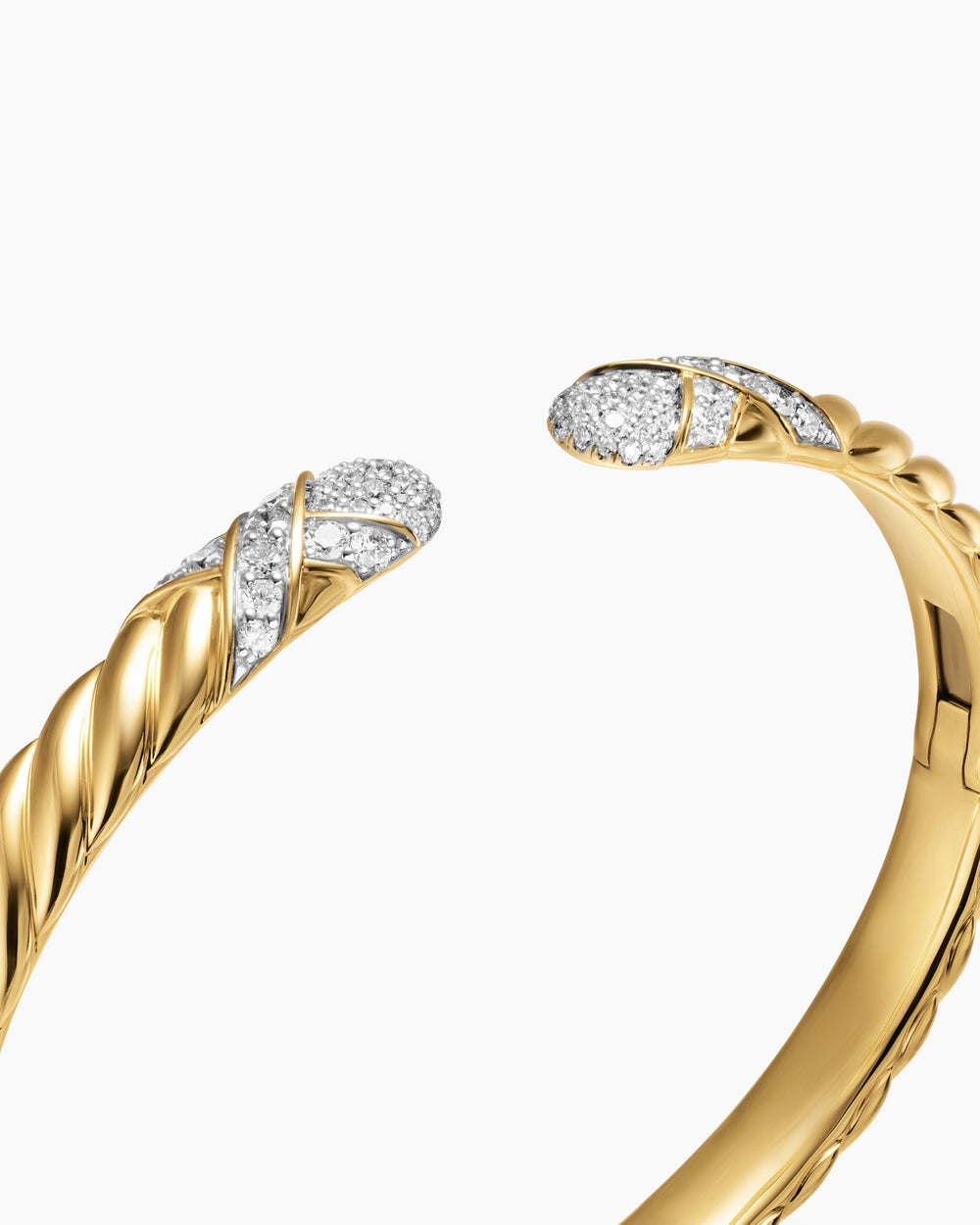 Womens Sculpted Cable X Cuff Bracelet in 18K Yellow Gold with Diamonds, 6.2mm