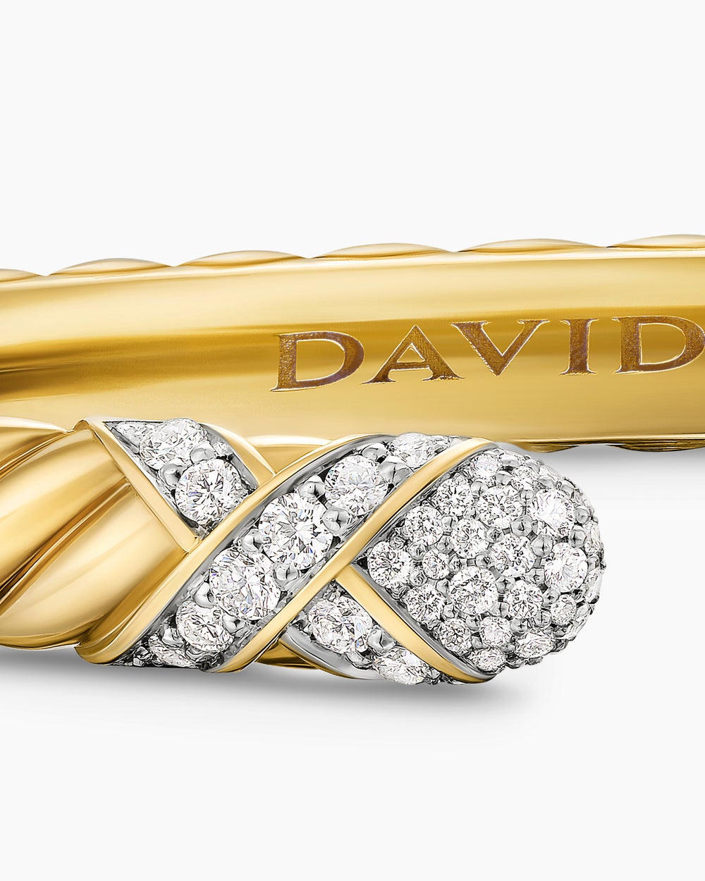 Womens Sculpted Cable X Cuff Bracelet in 18K Yellow Gold with Diamonds, 6.2mm