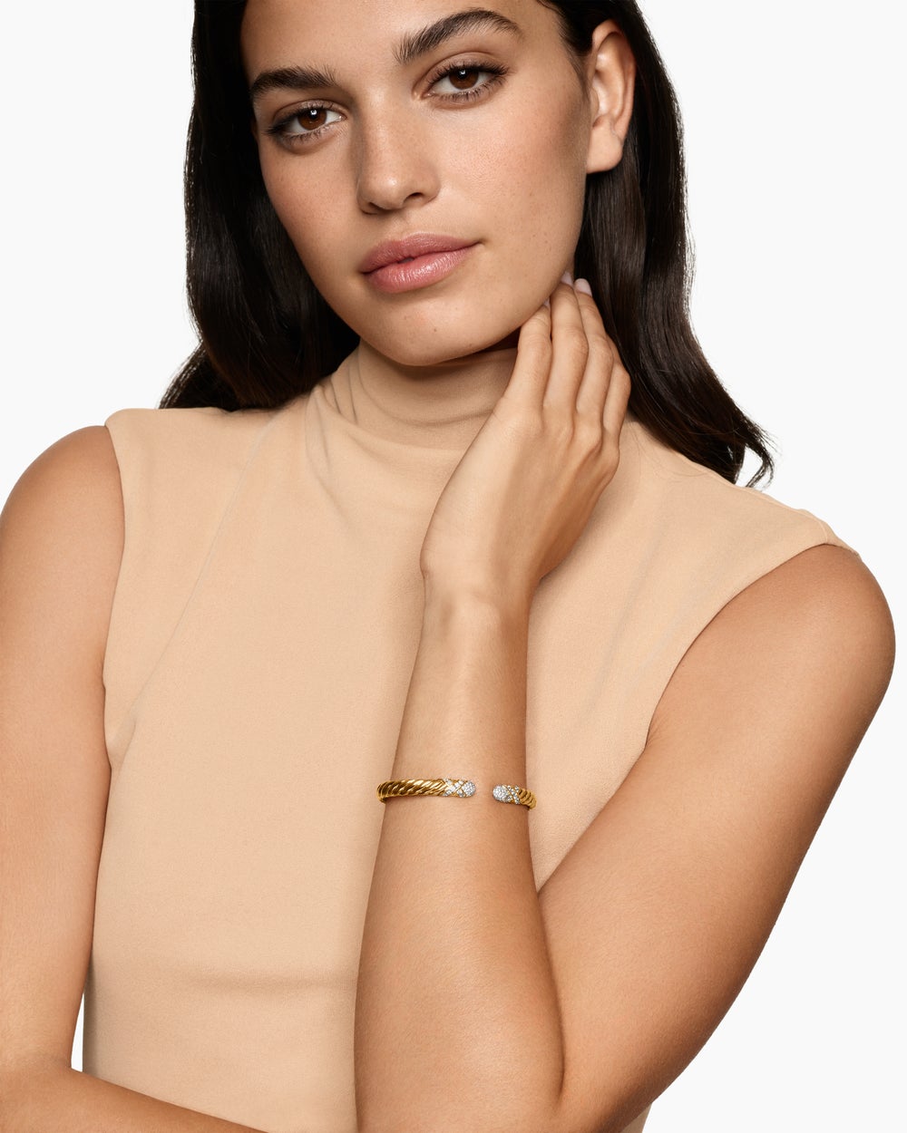 Womens Sculpted Cable X Cuff Bracelet in 18K Yellow Gold with Diamonds, 6.2mm