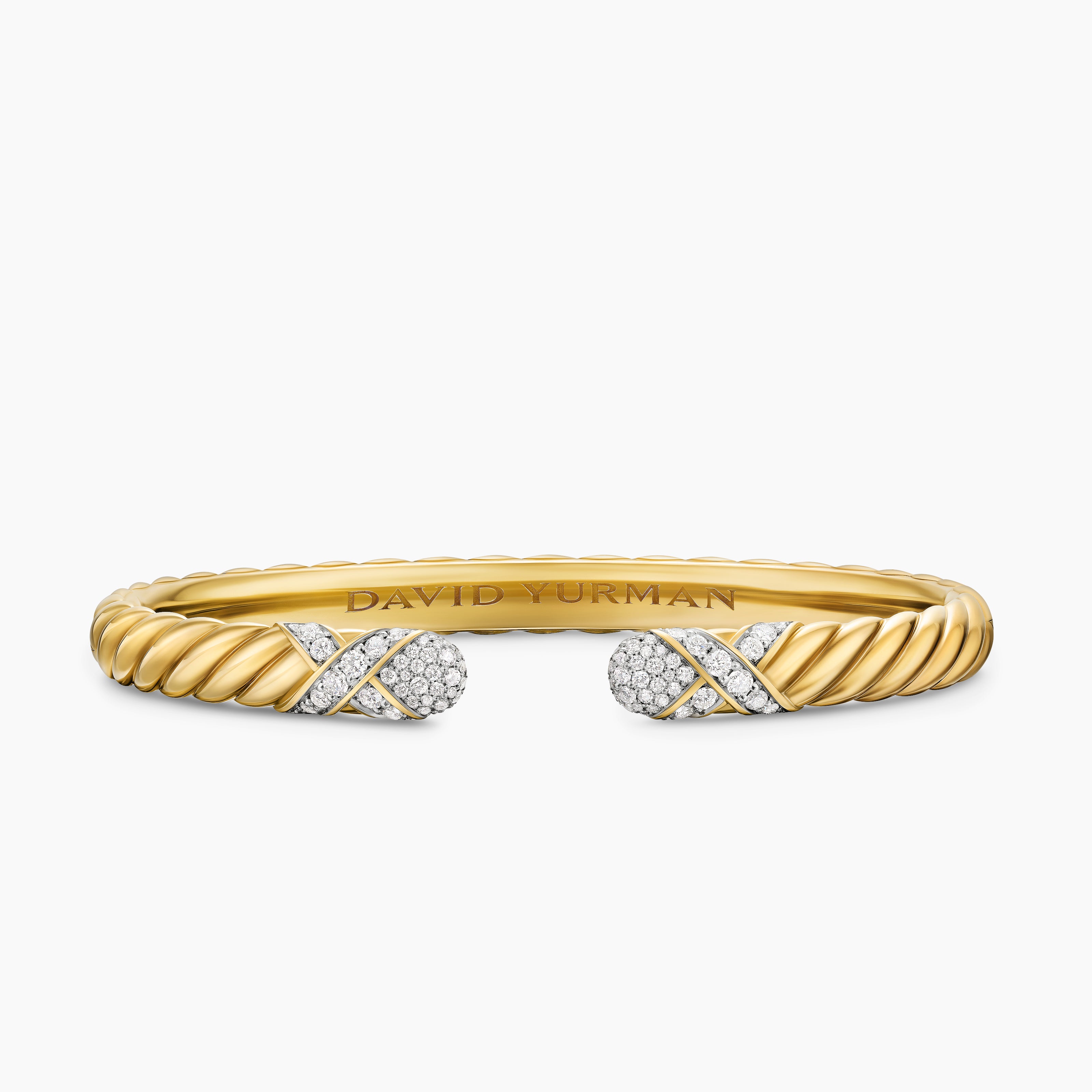 Womens Sculpted Cable X Cuff Bracelet in 18K Yellow Gold with Diamonds, 6.2mm