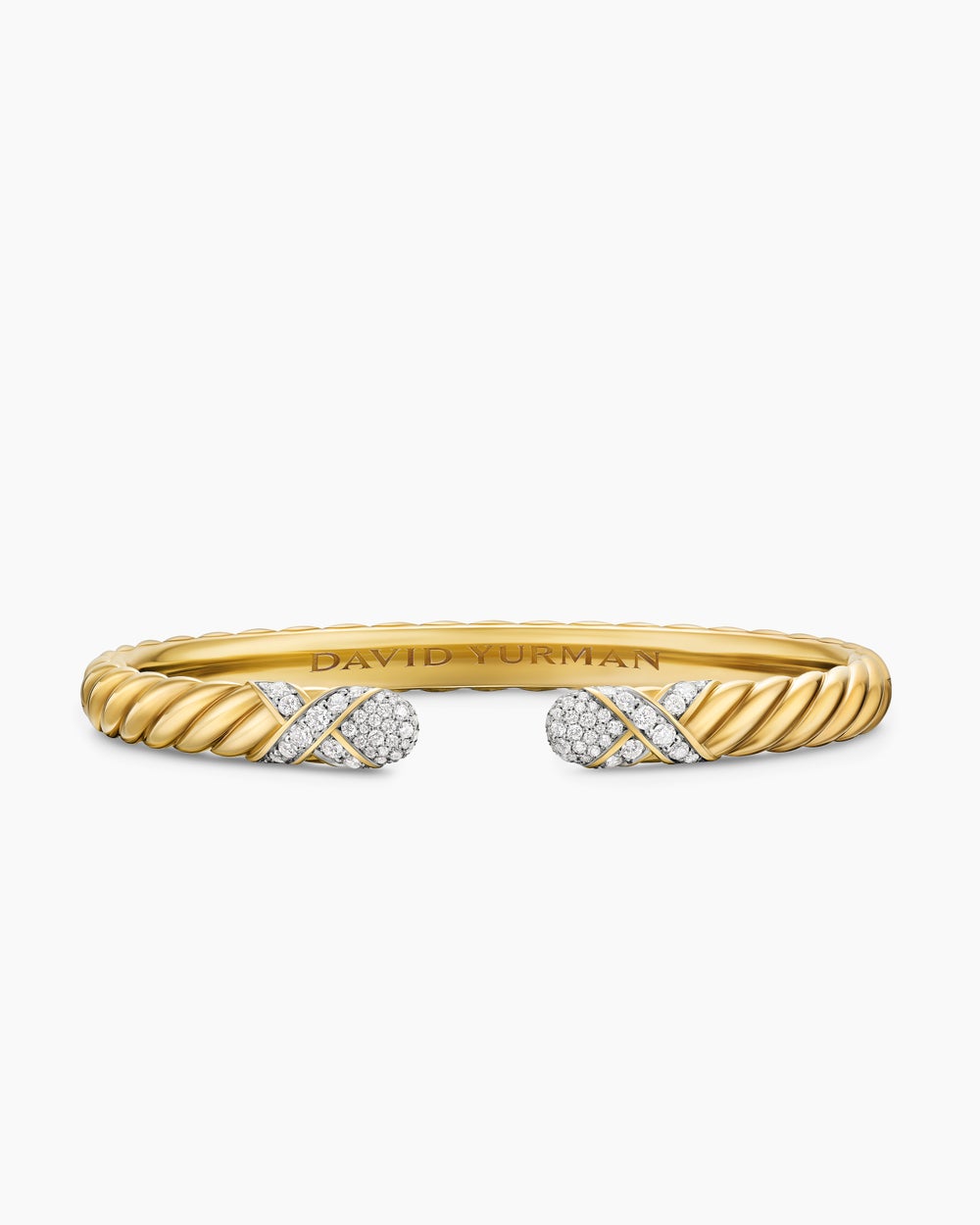 Womens Sculpted Cable X Cuff Bracelet in 18K Yellow Gold with Diamonds, 6.2mm