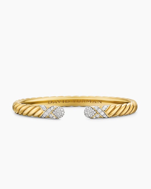 Womens Sculpted Cable X Cuff Bracelet in 18K Yellow Gold with Diamonds, 6.2mm