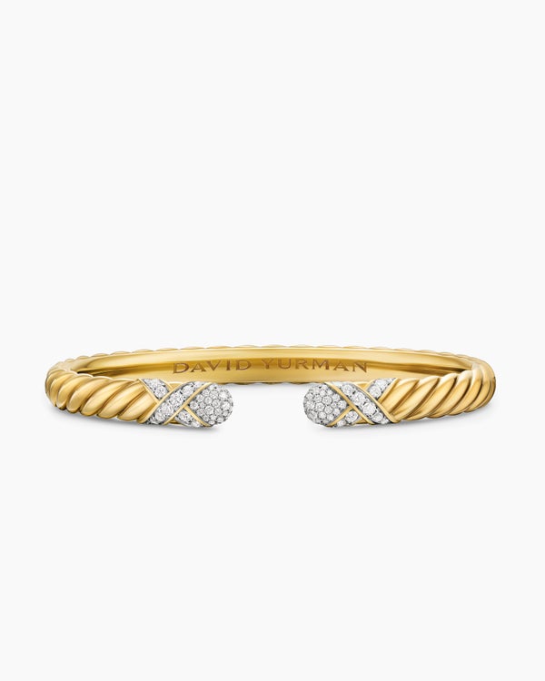 Sculpted Cable X Cuff Bracelet in 18K Yellow Gold with Diamonds, 6.2mm