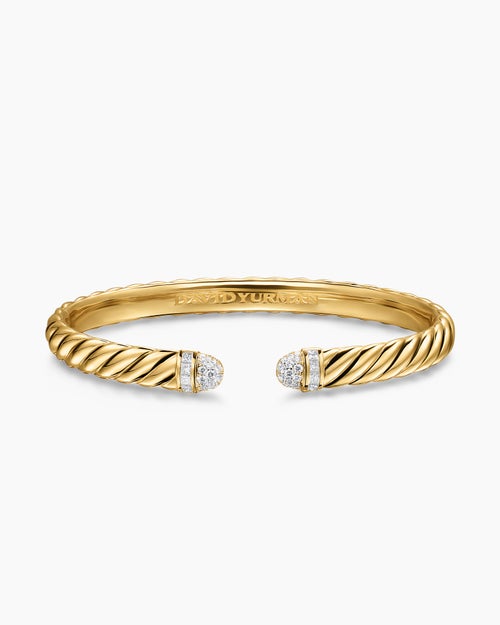 Womens Sculpted Cable Cuff Bracelet in 18K Yellow Gold with Pavé Diamond Domes, 6.2mm