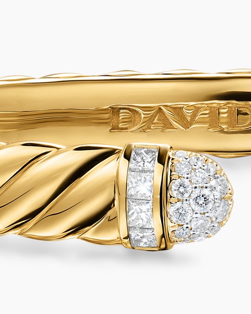 Womens Sculpted Cable Cuff Bracelet in 18K Yellow Gold with Pavé Diamond Domes, 6.2mm