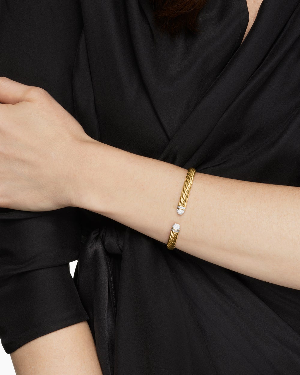 Womens Sculpted Cable Cuff Bracelet in 18K Yellow Gold with Pavé Domes, 6.2mm