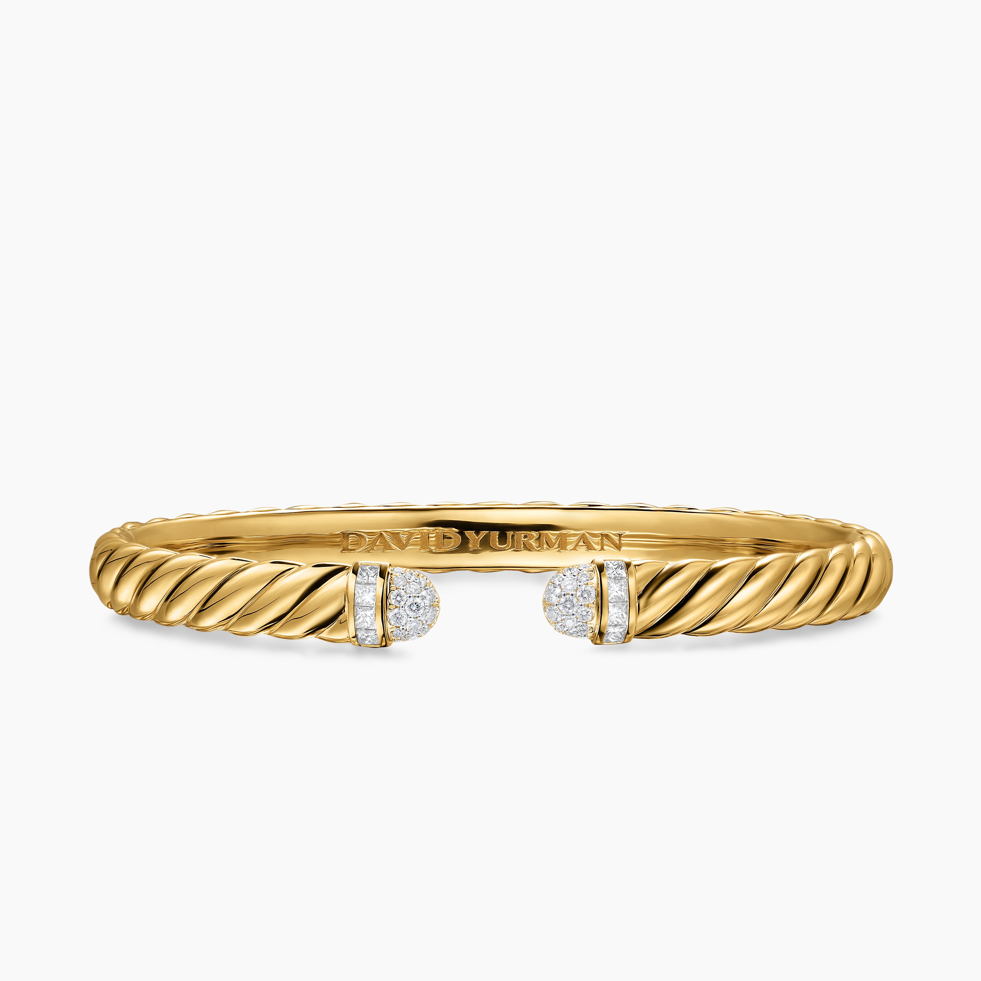 Womens Sculpted Cable Cuff Bracelet in 18K Yellow Gold with Pav&eacute; Domes, 6.2mm