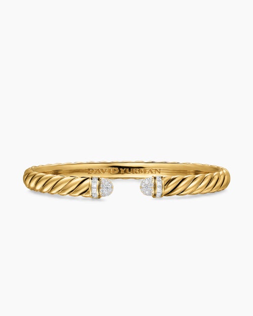 Womens Sculpted Cable Cuff Bracelet in 18K Yellow Gold with Pavé Domes, 6.2mm