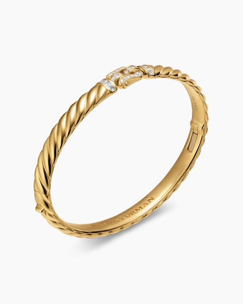 Womens Sculpted Cable Buckle Bracelet in 18K Yellow Gold with Diamonds, 6.2mm