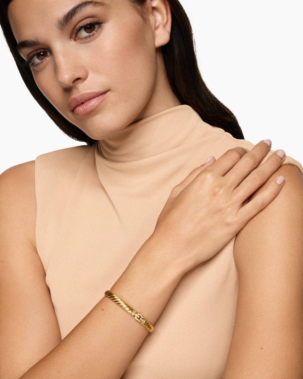 Womens Sculpted Cable Buckle Bracelet in 18K Yellow Gold with Diamonds, 6.2mm