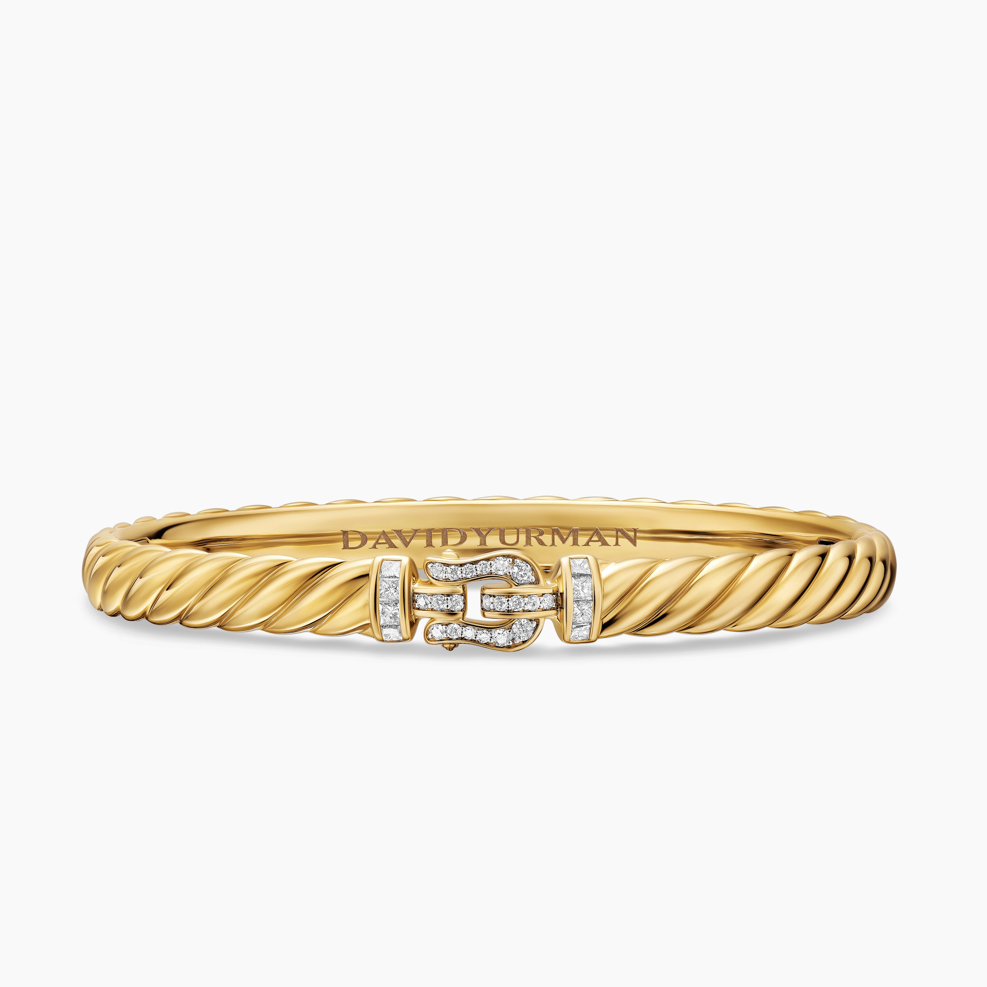 Womens Sculpted Cable Buckle Bracelet in 18K Yellow Gold with Diamonds, 6.2mm