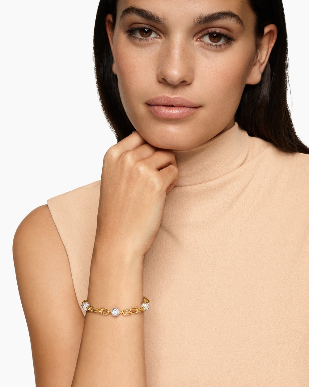 Womens DY Madison Pavé Bead Chain Bracelet in 18K Yellow Gold, 6mm