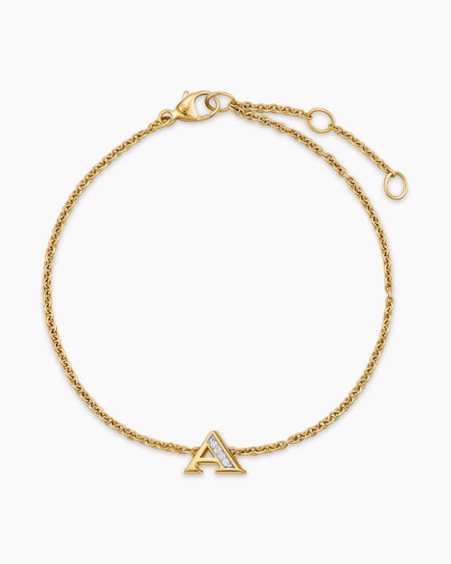 Womens Petite Pavé Initial Chain Bracelet in 18K Yellow Gold with Diamond A