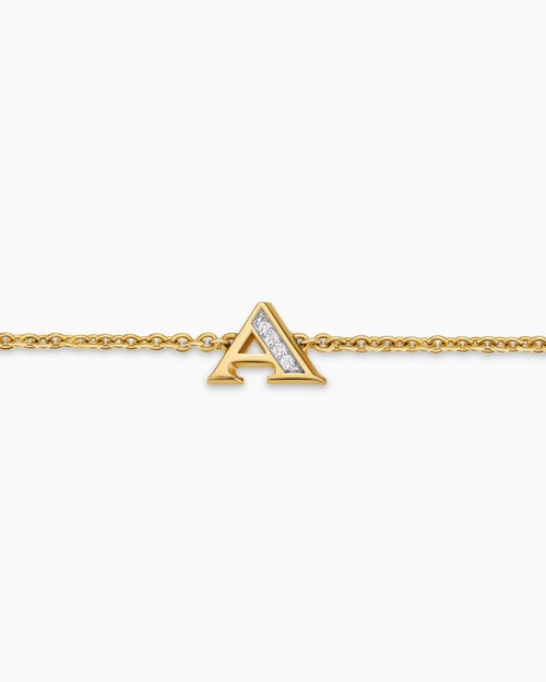 Womens Petite Pavé Initial Chain Bracelet in 18K Yellow Gold with Diamond A
