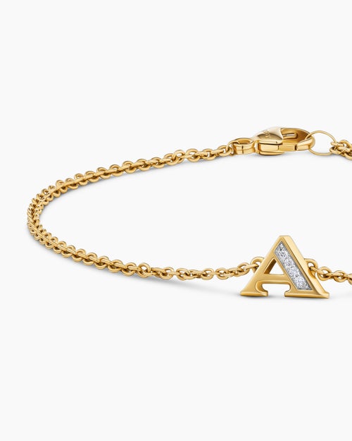 Womens Petite Pavé Initial Chain Bracelet in 18K Yellow Gold with Diamond A