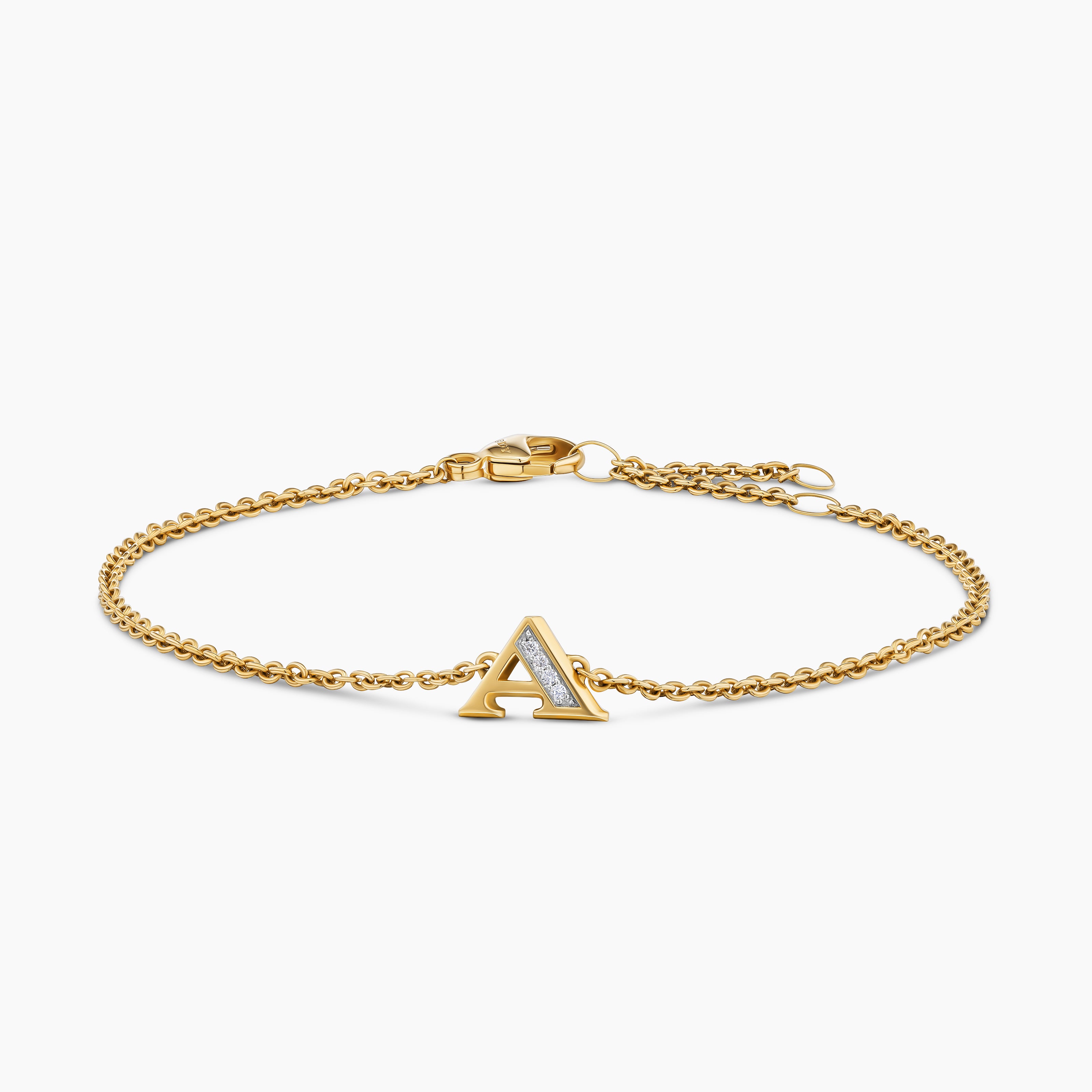 Womens Petite Pav&eacute; Initial Chain Bracelet in 18K Yellow Gold with Diamond A