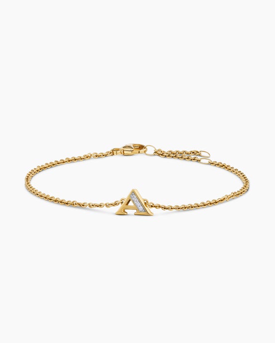Petite Pavé Initial Chain Bracelet in 18K Yellow Gold with Diamond A