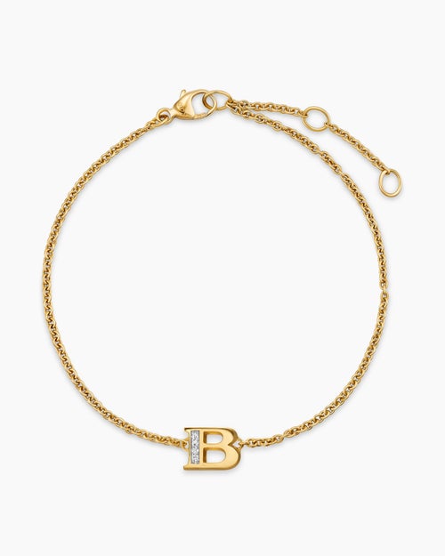 Womens Petite Pavé Initial Chain Bracelet in 18K Yellow Gold with Diamond B