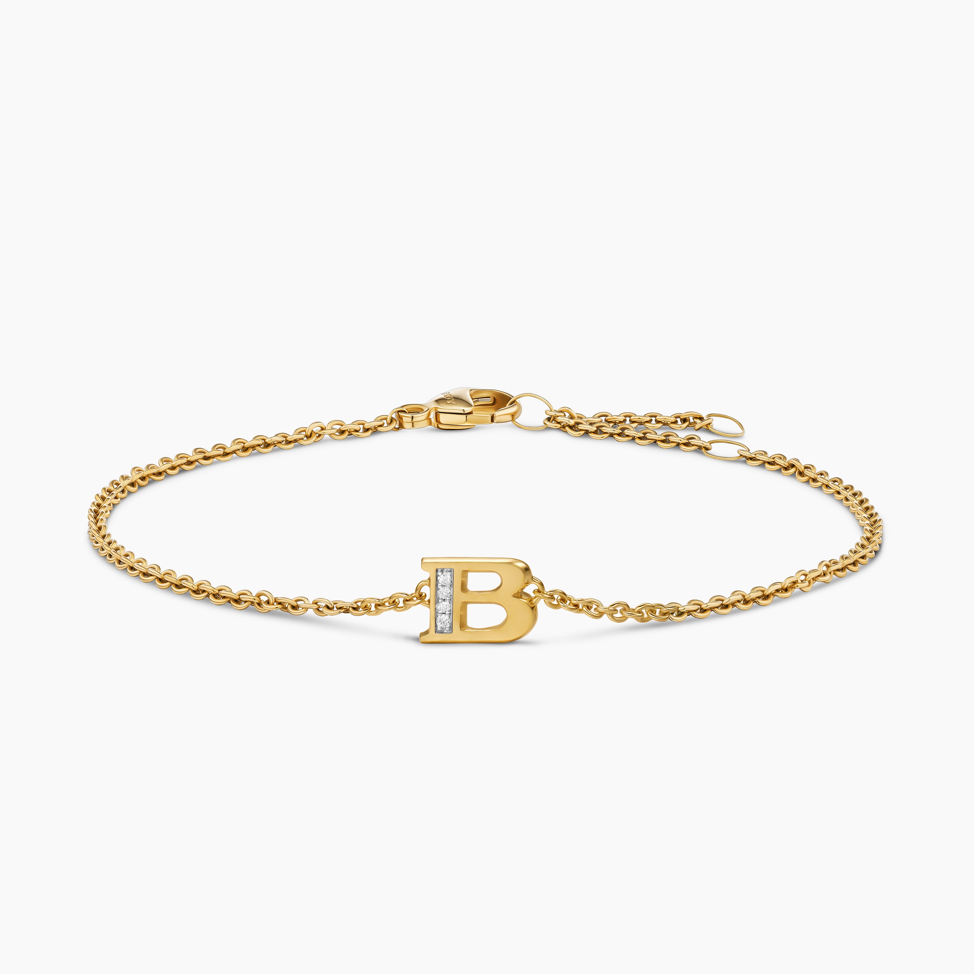 Womens Petite Pav&eacute; Initial Chain Bracelet in 18K Yellow Gold with Diamond B