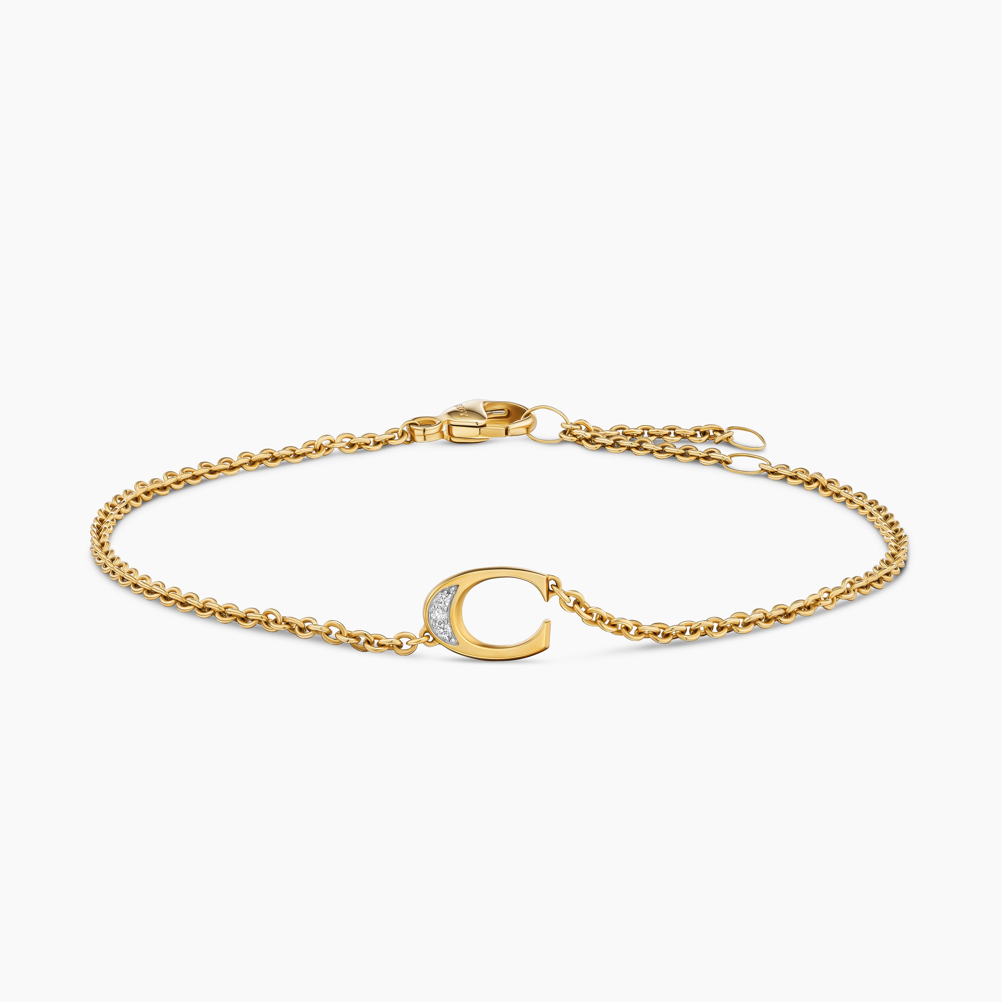 Womens Petite Pav&eacute; Initial Chain Bracelet in 18K Yellow Gold with Diamond C